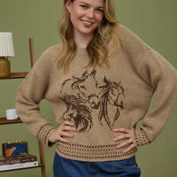 Tan Horse Jacquard Long Sleeve Knit Sweater