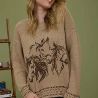 Tan Horse Jacquard Long Sleeve Knit Sweater