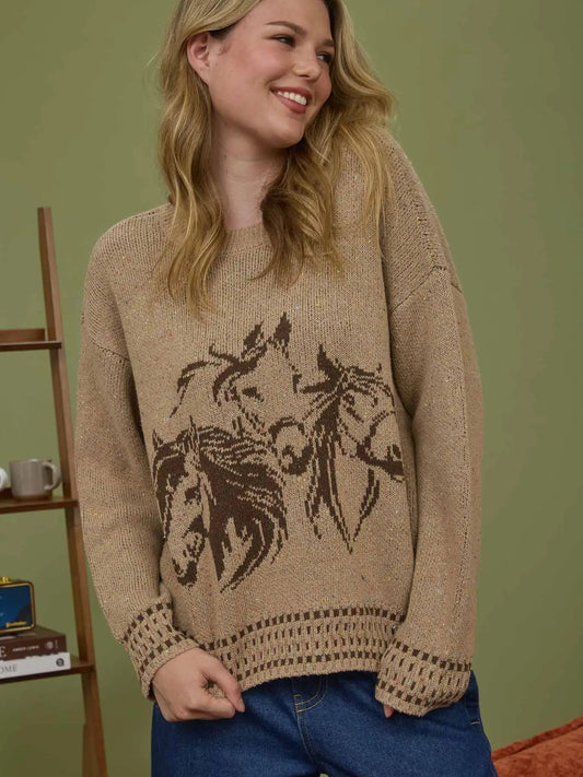 Tan Horse Jacquard Long Sleeve Knit Sweater