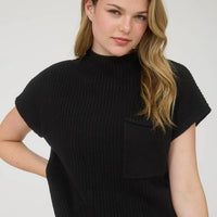 Black Mock Neck Pocket Detail Short Sleeve Knit Sweater