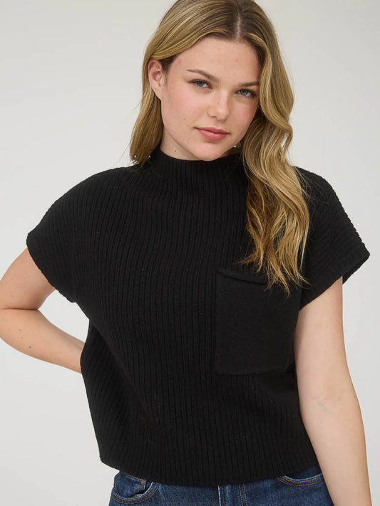 Black Mock Neck Pocket Detail Short Sleeve Knit Sweater