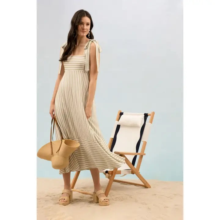Stripe Tie Strap Sleeveless Maxi Dress Olive
