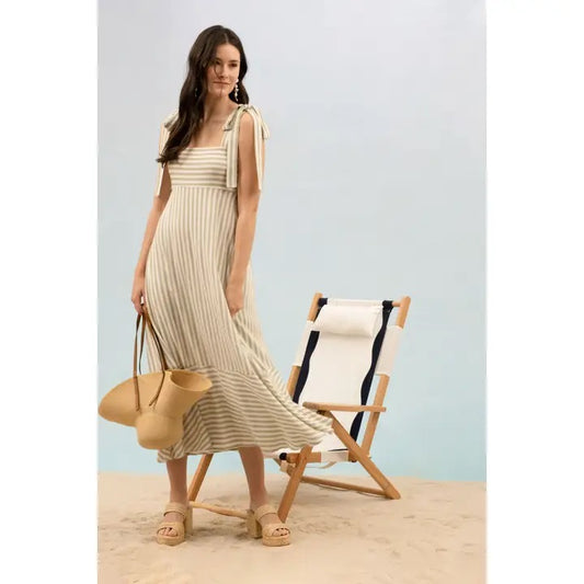 Stripe Tie Strap Sleeveless Maxi Dress Olive