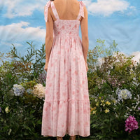 Floral Sweetheart Ruched Front Sleeveless Midi Dress Pink
