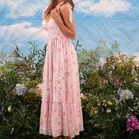 Floral Sweetheart Ruched Front Sleeveless Midi Dress Pink