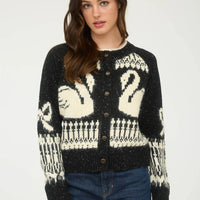 Black And White Swan Jacquard Button Down Long Sleeve Cardigan