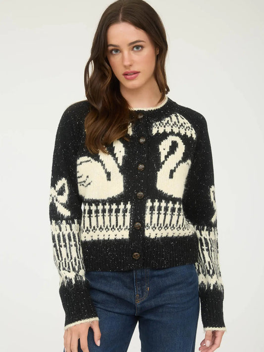 Black And White Swan Jacquard Button Down Long Sleeve Cardigan