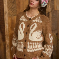 Camel And Cream Swan Jacquard Button Down Long Sleeve Cardigan