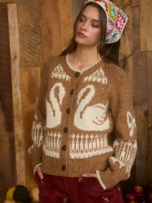 Camel And Cream Swan Jacquard Button Down Long Sleeve Cardigan