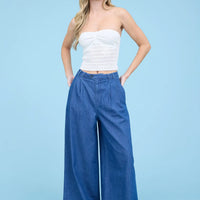 Pleated Wide Leg Chambray Pants