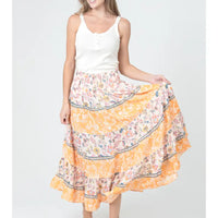 Smocked Waist Tiered A Line Printed Maxi Skirt