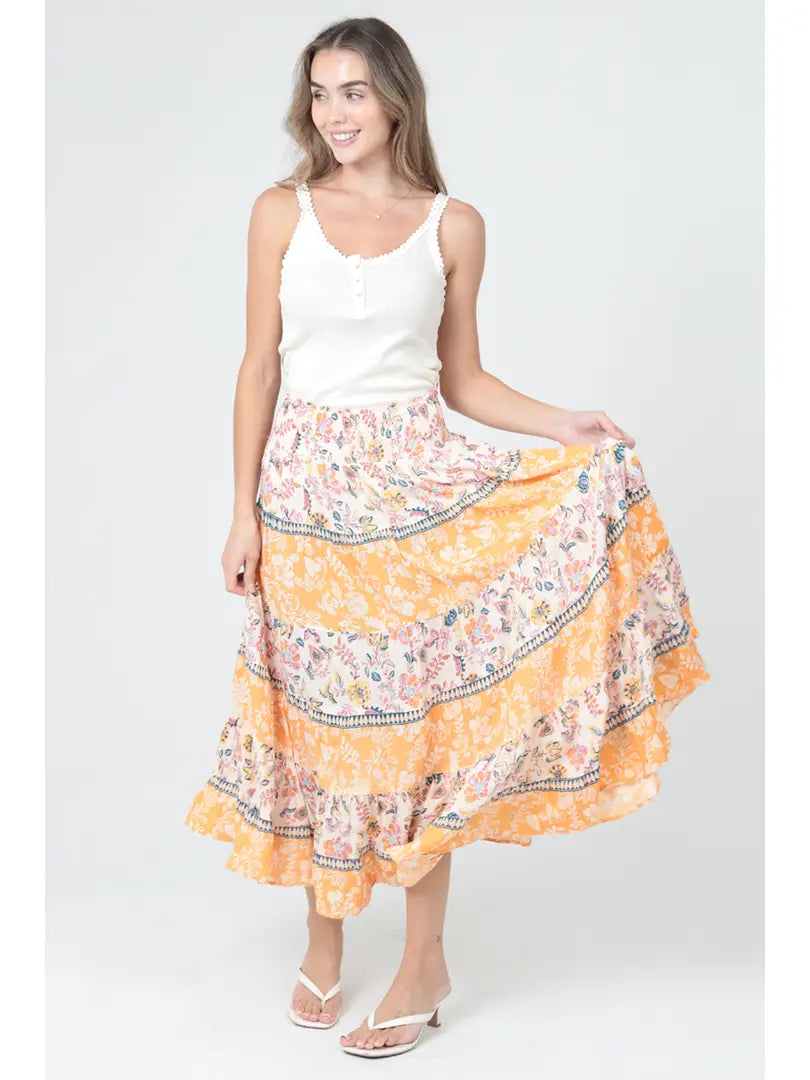 Smocked Waist Tiered A Line Printed Maxi Skirt