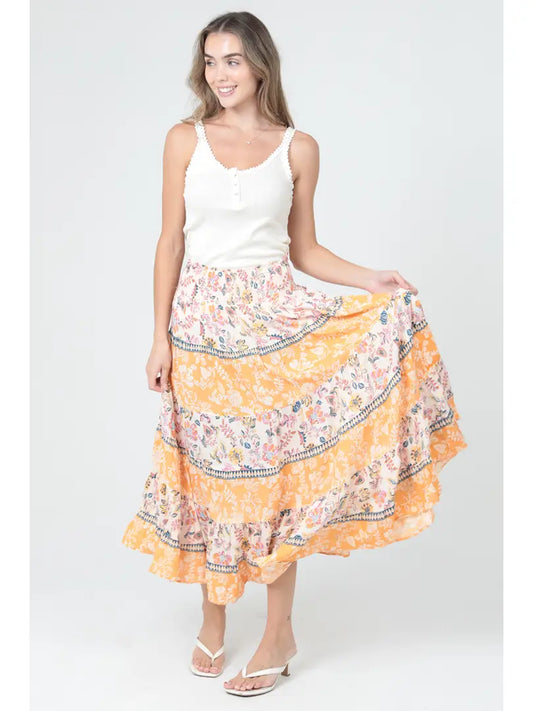 Smocked Waist Tiered A Line Printed Maxi Skirt