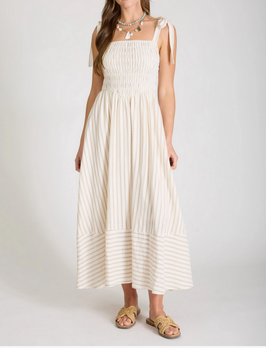 Stripe Smocked Tie Strap Basque Waist Maxi Dress