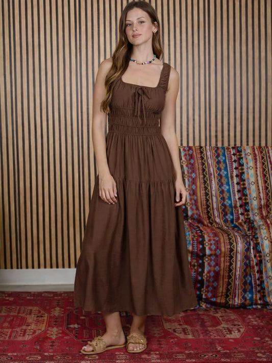 Satin Front Tie Shirred Waist Midi Dress