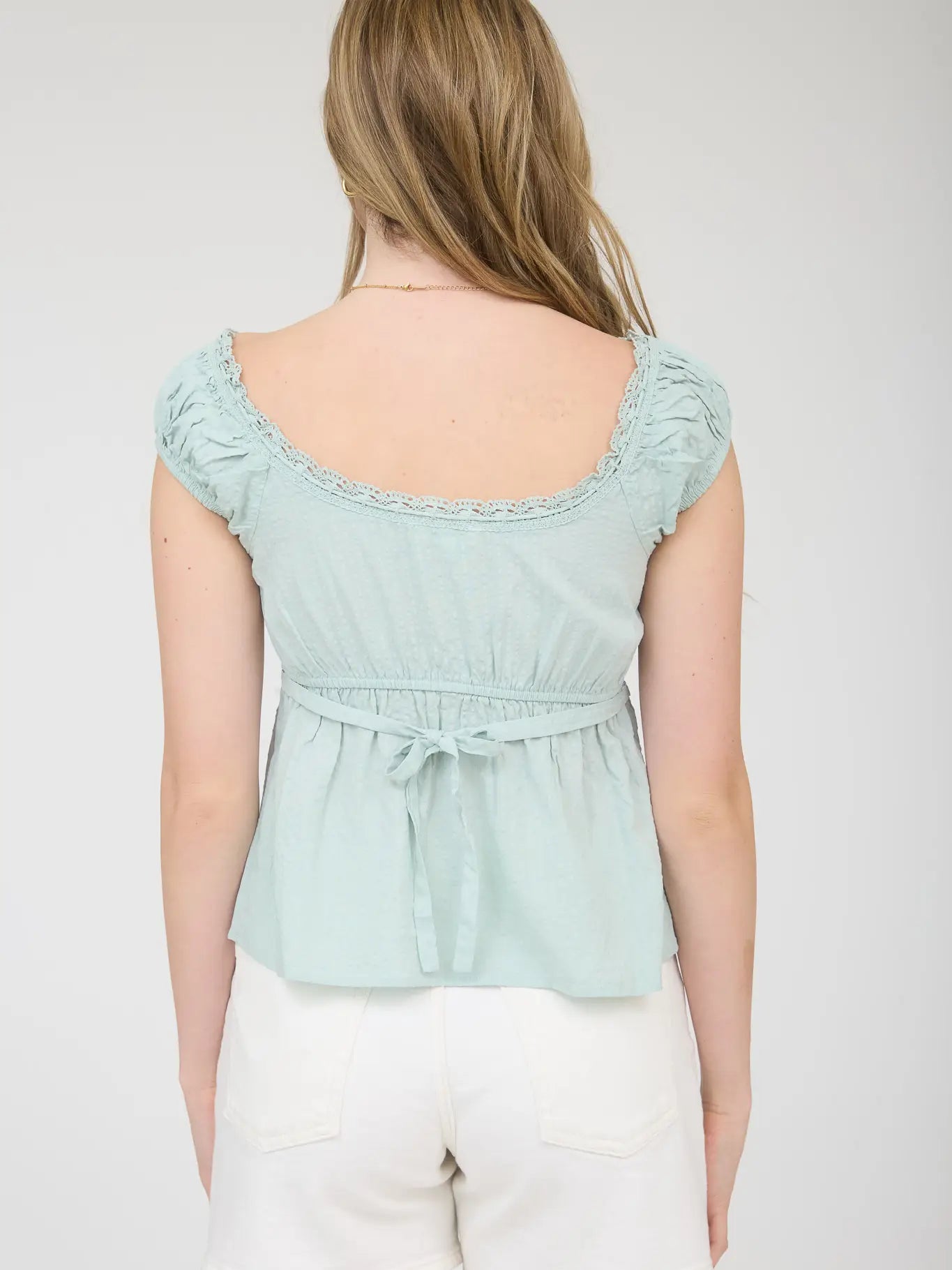 Stripe Lace Trim Front Tie Short Sleeve Top
