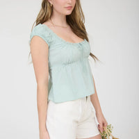 Stripe Lace Trim Front Tie Short Sleeve Top
