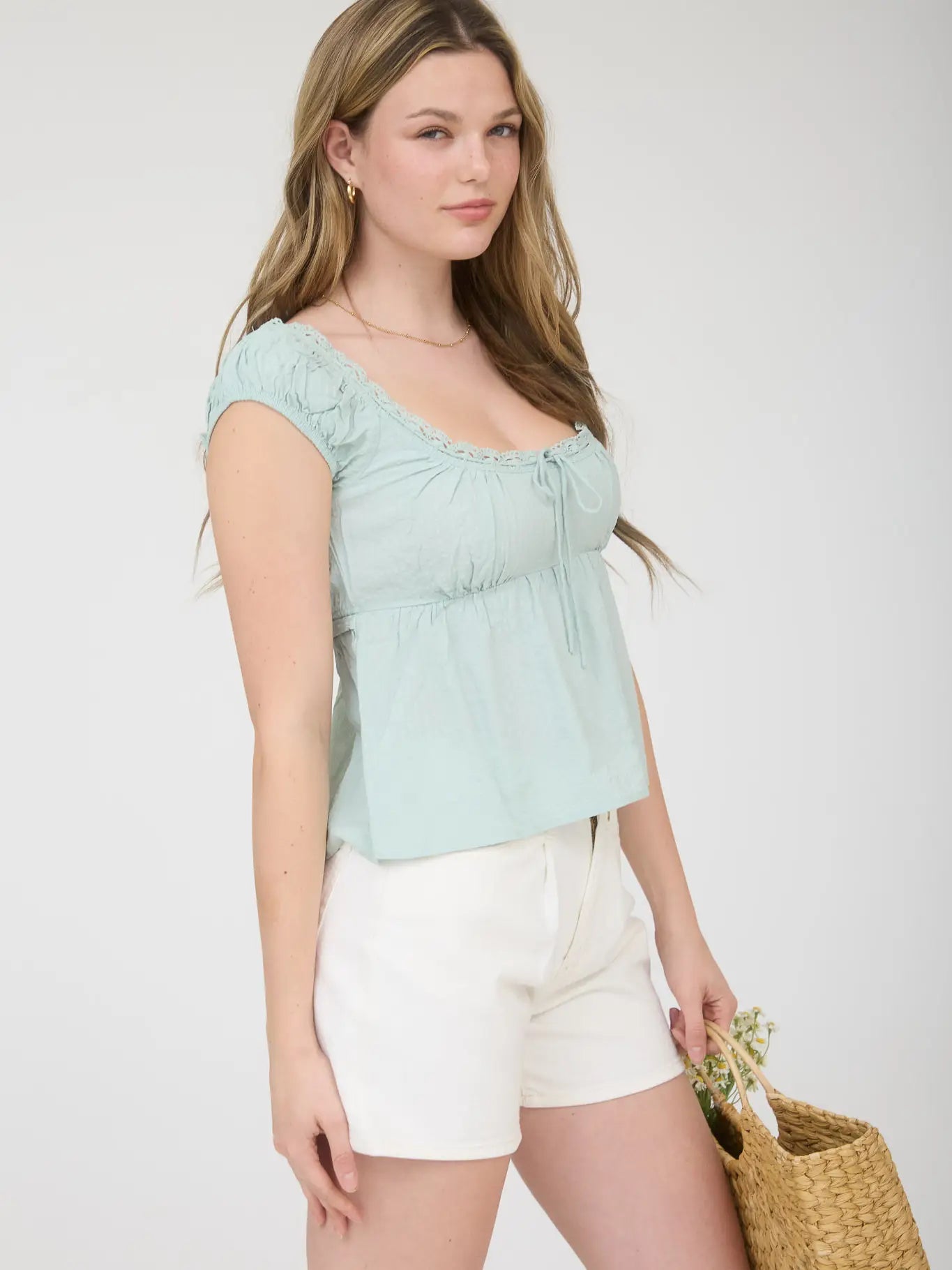 Stripe Lace Trim Front Tie Short Sleeve Top