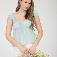 Stripe Lace Trim Front Tie Short Sleeve Top