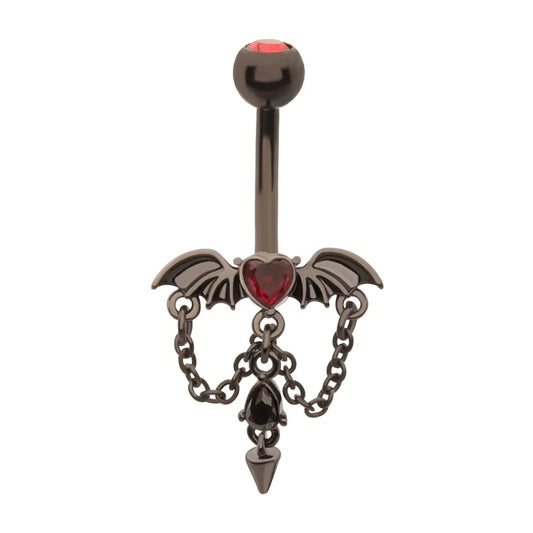 Bat Heart CZ With Chain Tear And Spike Dangle Navel