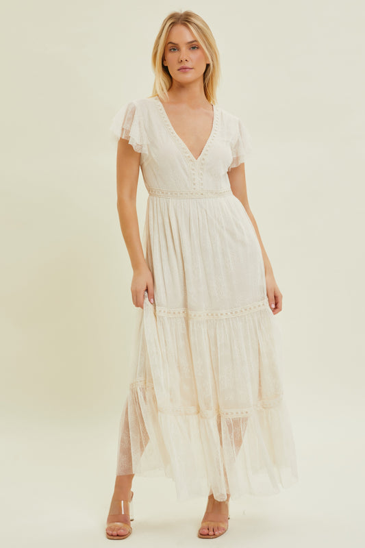 V-Neck Maxi Dress W Embroidered Lace Trim