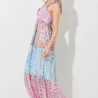 Pink Multi Printed Shoulder Tie Maxi Dress