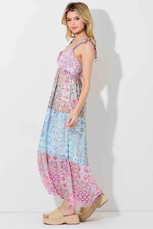 Pink Multi Printed Shoulder Tie Maxi Dress