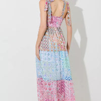 Pink Multi Printed Shoulder Tie Maxi Dress