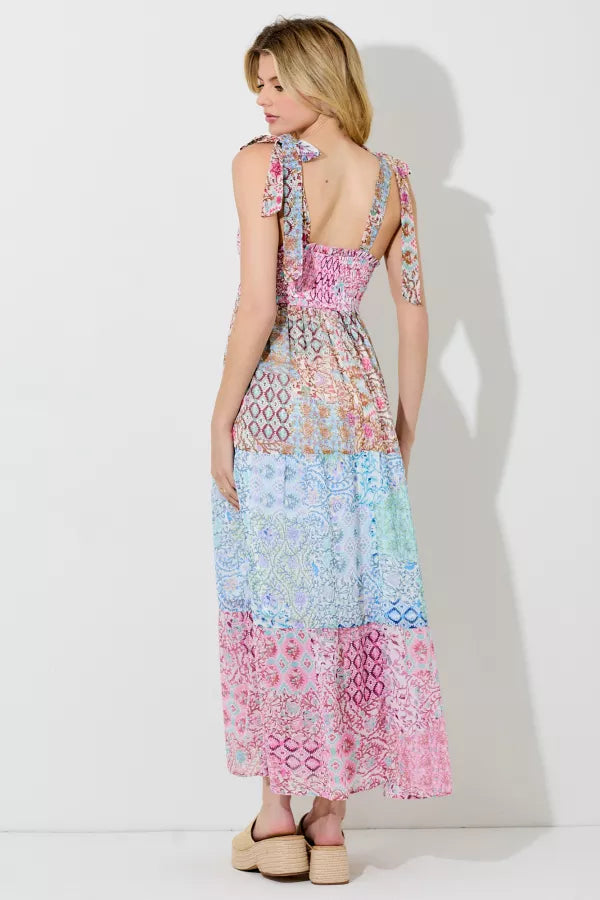 Pink Multi Printed Shoulder Tie Maxi Dress