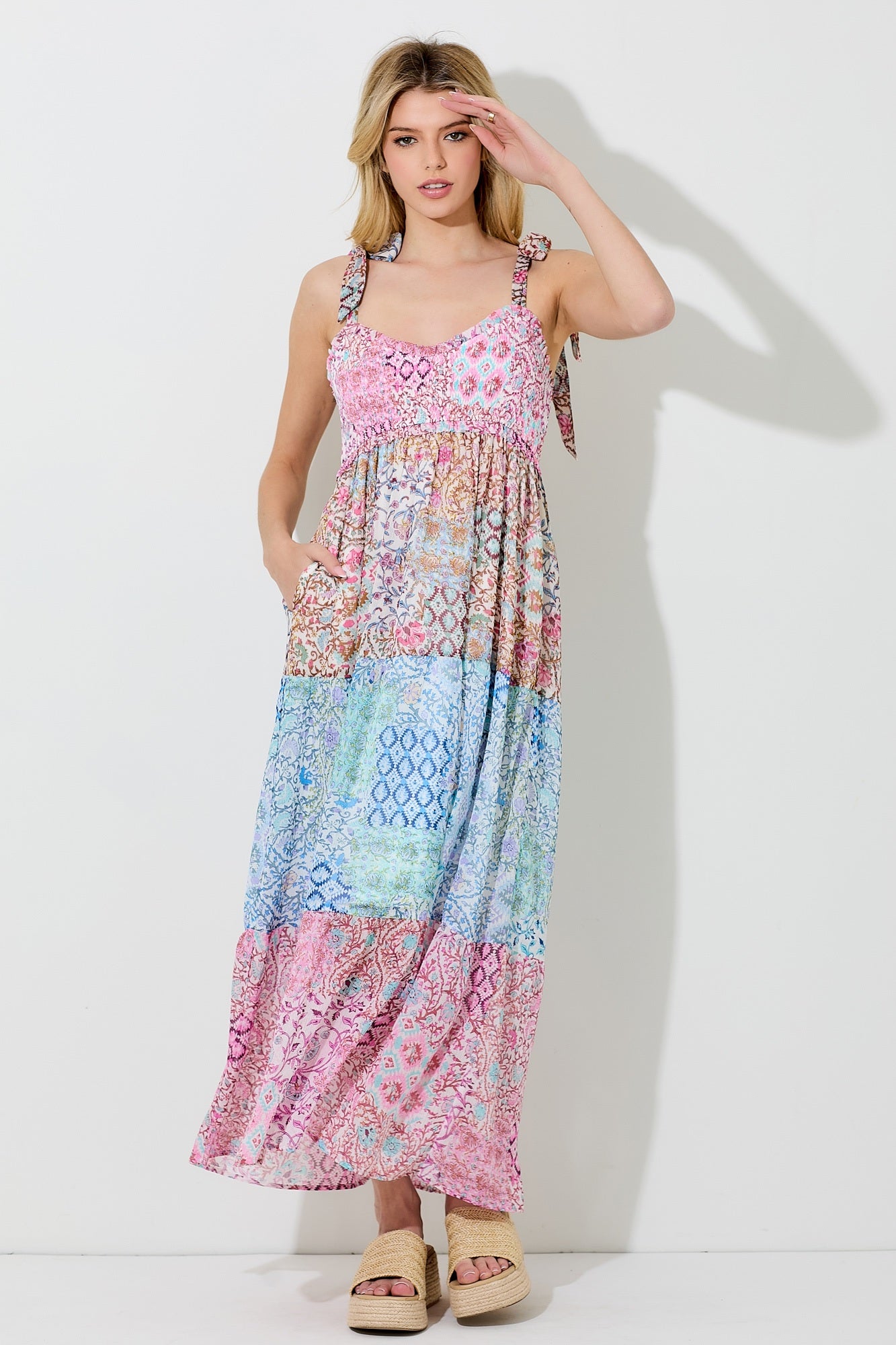 Pink Multi Printed Shoulder Tie Maxi Dress