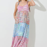 Pink Multi Printed Shoulder Tie Maxi Dress
