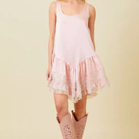 Satin Rufle Mini Dress With Lace Detail