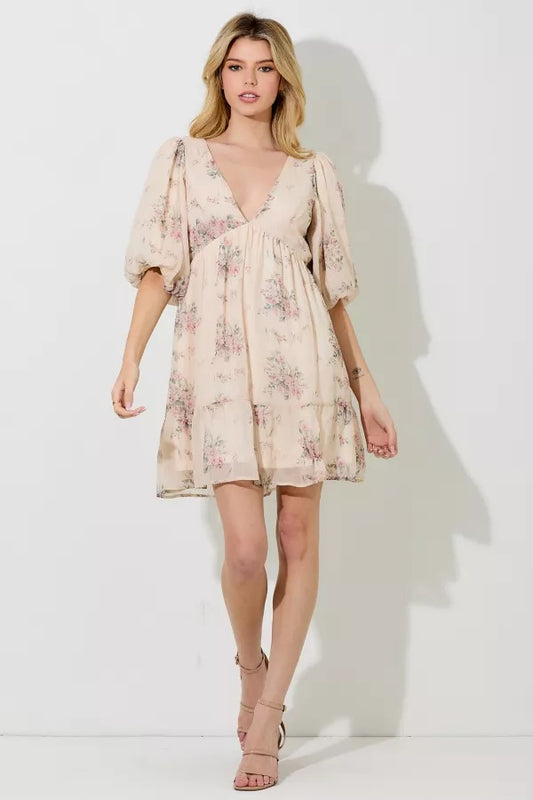 Cream Floral Print Deep V-Neck Mini Dress