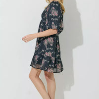 Black Floral Print Deep V-Neck Mini Dress