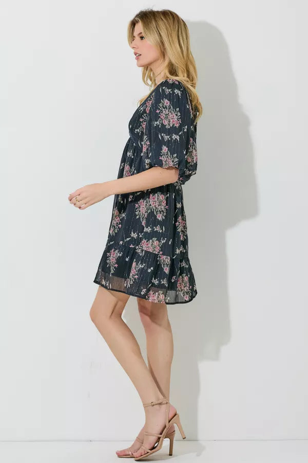 Black Floral Print Deep V-Neck Mini Dress