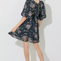 Black Floral Print Deep V-Neck Mini Dress