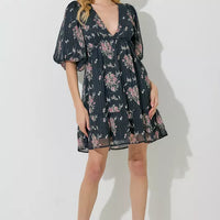 Black Floral Print Deep V-Neck Mini Dress