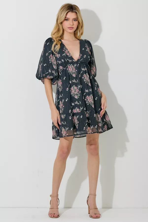 Black Floral Print Deep V-Neck Mini Dress