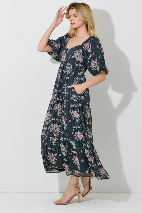 Black Floral Lurex Print Maxi Dress