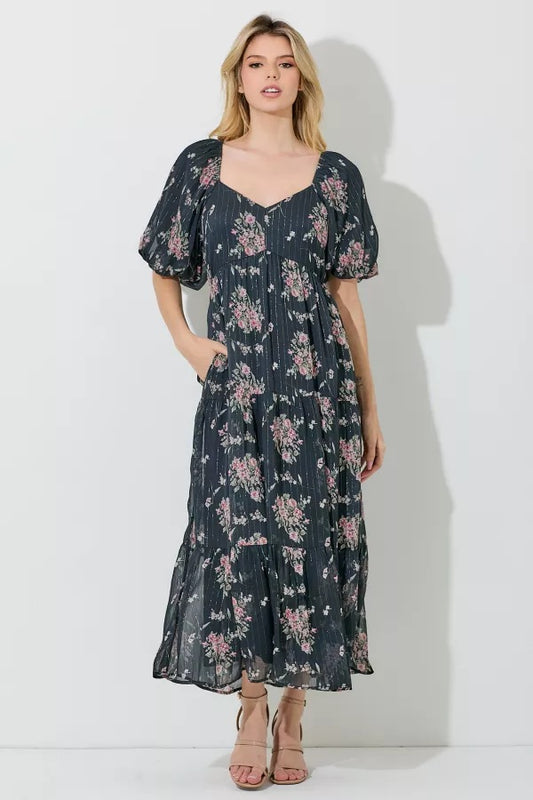 Black Floral Lurex Print Maxi Dress