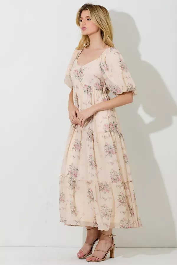 Cream Floral Lurex Print Maxi Dress
