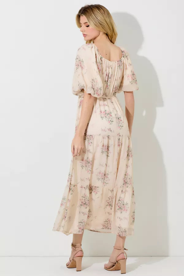 Cream Floral Lurex Print Maxi Dress