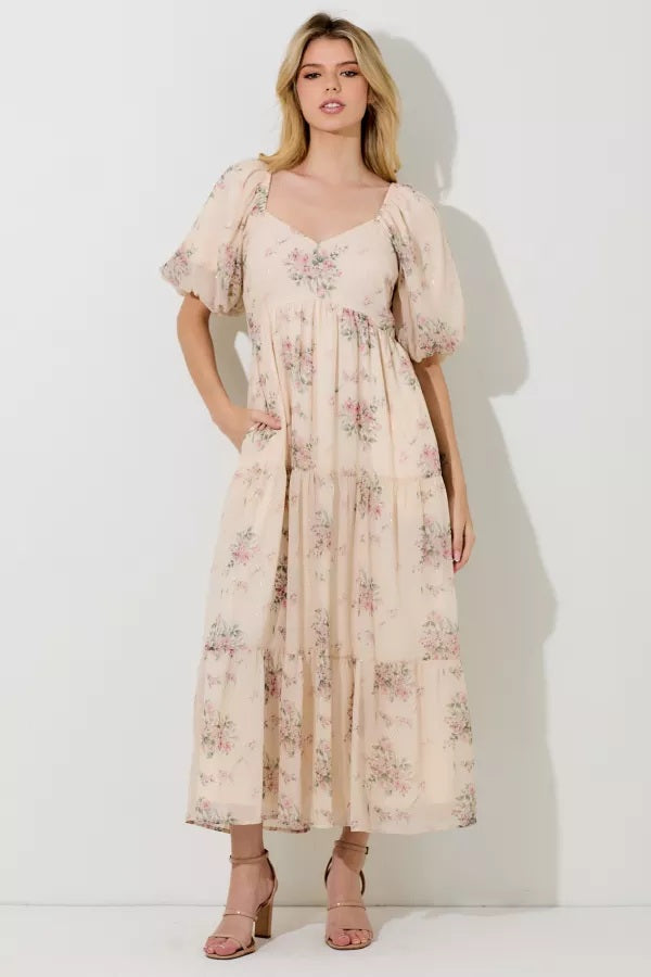 Cream Floral Lurex Print Maxi Dress