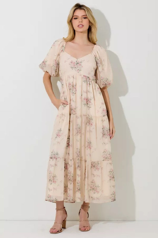 Cream Floral Lurex Print Maxi Dress