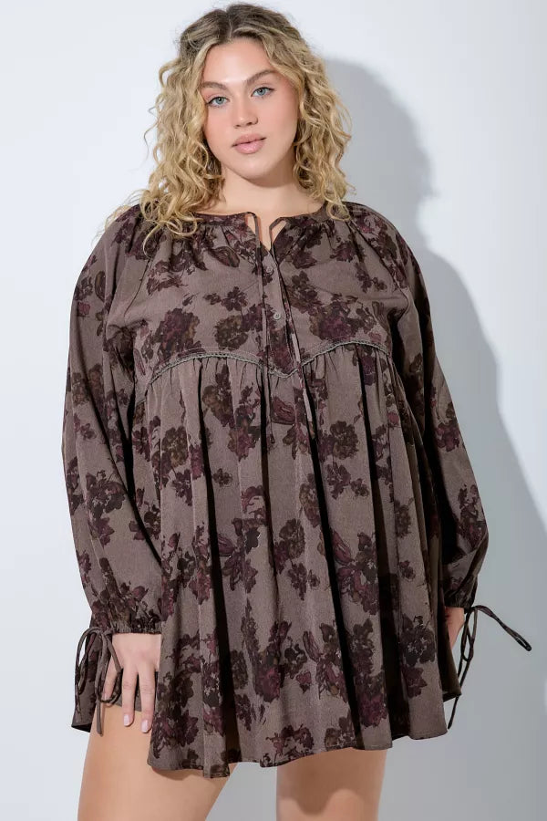 Printed Floral Mini Dress With Tie Sleeve Plus Size