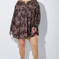 Printed Floral Mini Dress With Tie On Sleeve