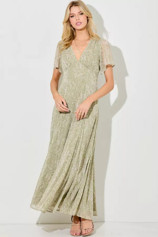 Sage Multi Print V-Neck Maxi Dress