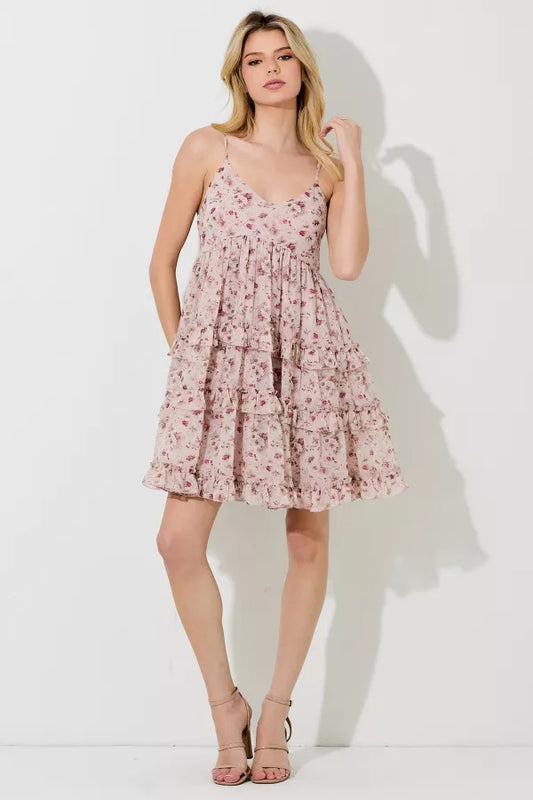 Blush Floral Print Spaghetti Strap Mini Dress