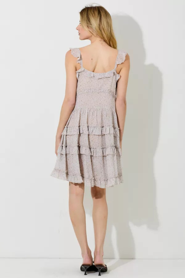 Taupe Floral Print Tiered Mini Dress