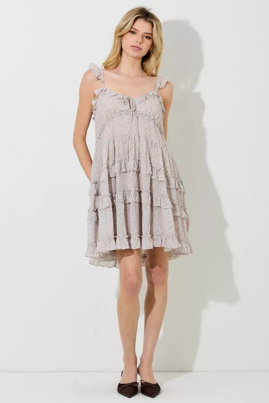 Taupe Floral Print Tiered Mini Dress